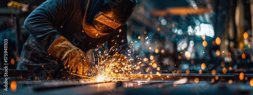 Welder at work: intense dramatic shot with sparks in a dark factory workshop