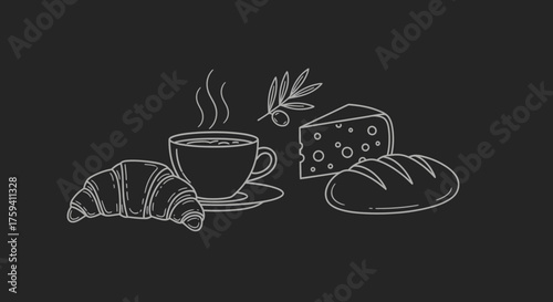 Chalkboard Drawing of Breakfast Foods with Coffee, Croissant, Bread and Cheese