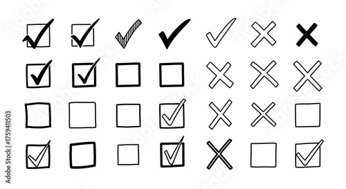 Collection of Hand-Drawn Check Marks and Cross Symbols for Voting and Selection