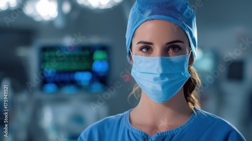 Focused Gaze: Close-up portrait of a female surgeon or nurse in scrubs and a mask
