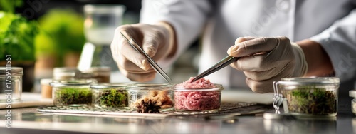 Cultured Meat Research: Scientist placing a plant sample onto lab-grown meat in a jar