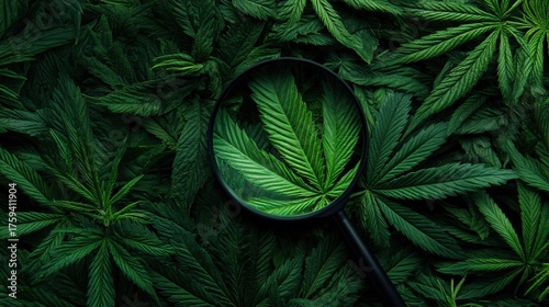 Cannabis Research: Magnifying glass over fresh marijuana leaves in dark greenery