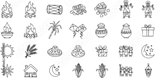Indian Harvest Festival Line Art Icons Set - Pongal, Lohri, Makar Sankranti Traditional Doodle Elements