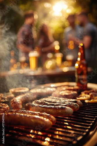 Summer BBQ: Juicy sausages grilling with smoke, people, and sunset lens flare