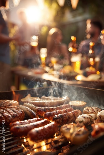 Summer BBQ: Juicy sausages grilling with smoke, people, and sunset lens flare