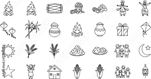 Lohri, Makar Sankranti, Pongal Indian Harvest Festival Line Icons. Set of traditional elements like bonfire, kites, sugarcane, peanuts, sweets, family, and cultural symbols.