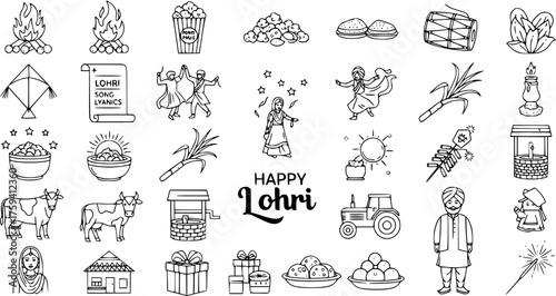 Lohri Festival Line Art Icons Set. Traditional Indian Harvest Celebration Symbols: Bonfire, Popcorn, Sweets, Dancers, Sugarcane, Tractor, and Cultural Elements. Happy Lohri.