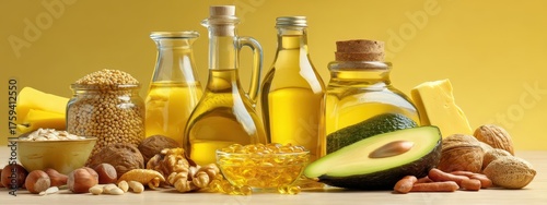 Composition of oils, nuts, seeds, avocado, and other Omega-6 rich and healthy fat products on a light blue background