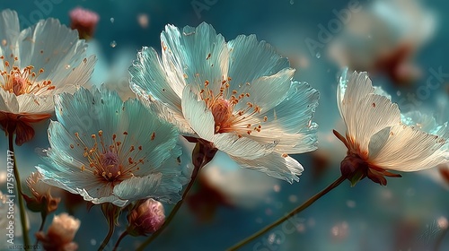 Ethereal White and Teal Petal Flowers with Golden Stamens and Dreamy Bokeh Background