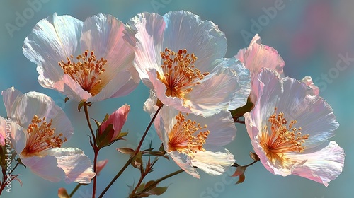 Ethereal White Blooms with Golden Stamens and Soft Pink Buds on a Dreamy Blue Background