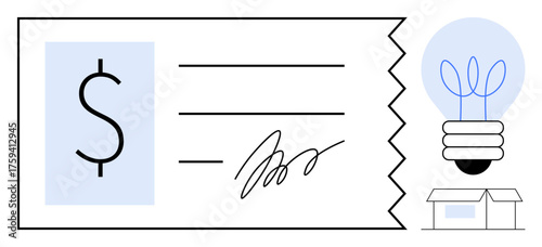 Signed check, dollar symbol, lightbulb with sprouting leaves, and storefront illustration. Ideal for funding, payments, entrepreneurship, startups innovation investment teamwork. Simple flat