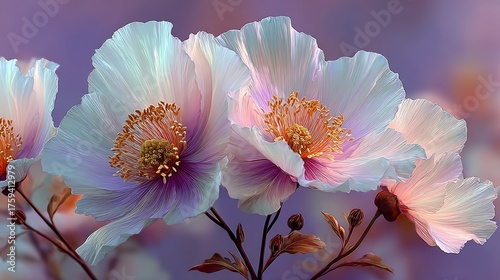 Delicate White and Lavender Blossoms with Golden Stamens, Stylized Floral Art on a Dreamy Gradient Background