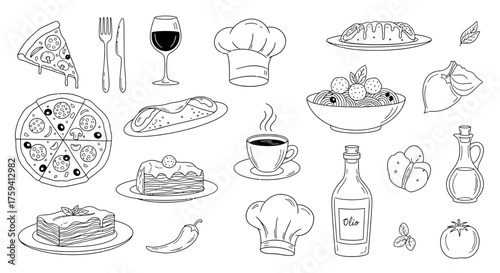 Delicious Italian Cuisine Doodle Collection: A Hand-Drawn Culinary Illustration