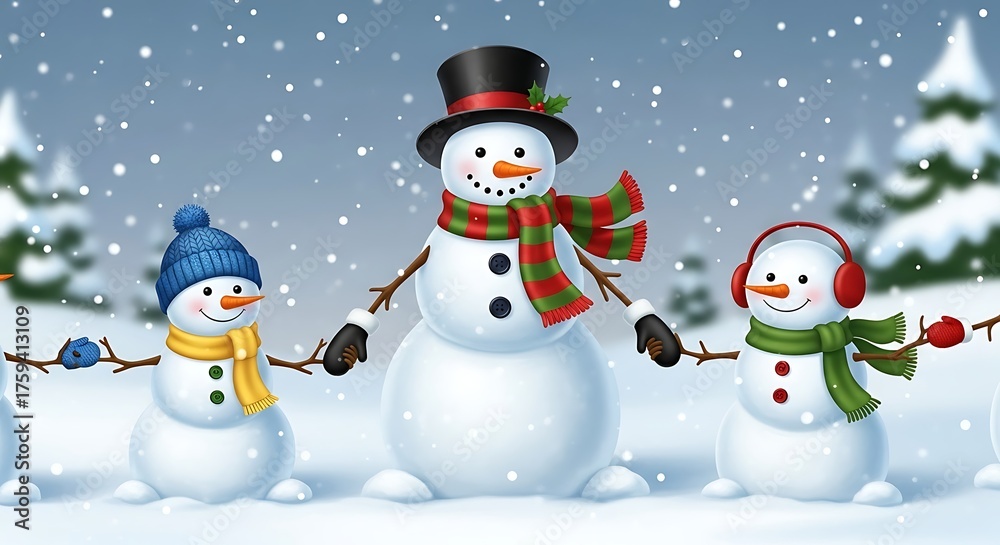 Fototapeta premium Three cheerful snowmen in winter scene with snowfall and trees