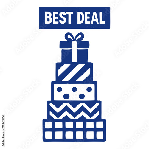 A stack of gift boxes with various patterns, topped with a 'Best Deal' banner.