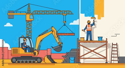 Construction site bustling with workers crane excavator and painter Building development teamwork