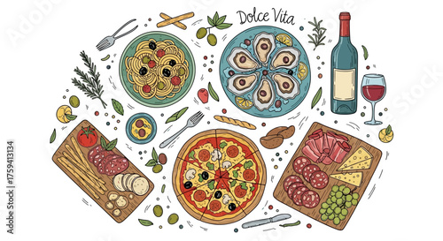 Delicious italian dishes with the words Dolce Vita, hand drawn illustration