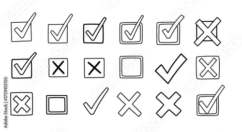 Doodle check marks and crosses symbols, hand drawn design element icons vector
