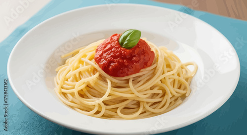 Delicious spaghetti with tomato sauce and basil leaf served on white plate