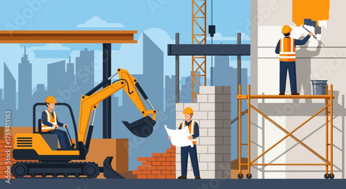 Workers constructing a city building with excavator blueprints and painting Urban development