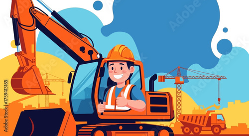 Happy construction worker in excavator giving thumbsup at a bustling building site Industry labor success
