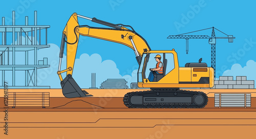 Worker operating excavator at a busy construction site representing development and labor
