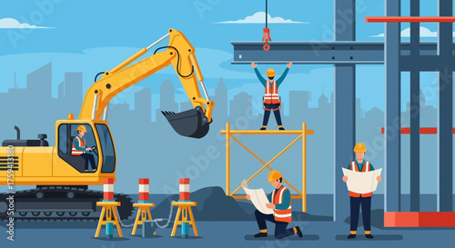 Team of construction workers on site with excavator and blueprints developing urban infrastructure