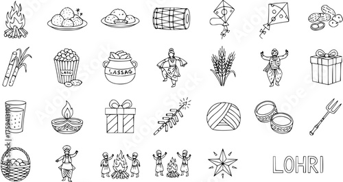 Lohri Festival Celebration Elements Vector Set with Bonfire, Food, Dancers  Harvest Symbols