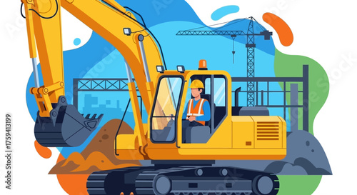 Worker in safety gear operates a powerful yellow excavator on a construction site with a crane