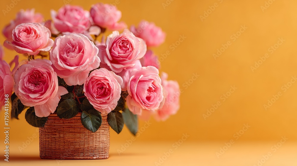 Obraz premium Delicate Pink Roses Bouquet in a Woven Basket on a Warm Orange Background with Ample Copy Space