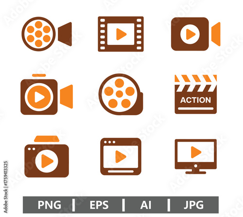 Vector art of collection of brown and orange video and movie icons