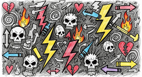 Dynamic Doodle: A chaotic yet captivating design featuring skulls, lightning, hearts, and flames