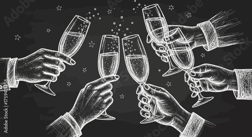 Elegant Chalkboard Illustration of Hands Toasting with Champagne Glasses for Celebration