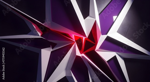 Fototapeta Naklejka Na Ścianę i Meble -  Shattered Geometric Abstraction with Glowing Red and Purple Light Against a Dark Background