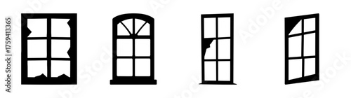 Collectionoffourstylizedbrokenwindowpanegraphicswithvaryingdegreesofdamageandframedesigns