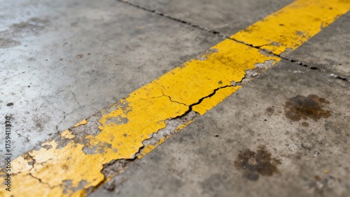 Cracked yellow line on a concrete floor with stains.