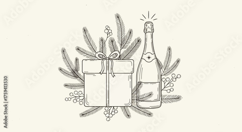 Elegant holiday sketch featuring a gift box and champagne bottle with festive greenery