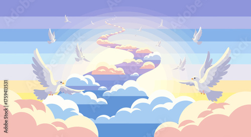 White doves flying gracefully through a heavenly sky with a winding path of clouds.