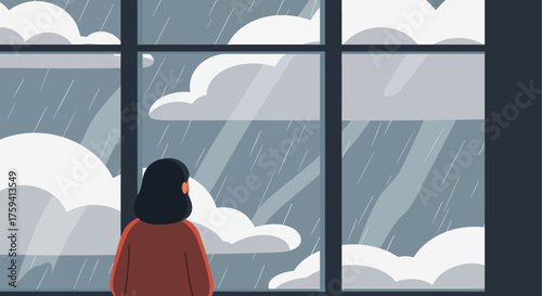 Woman Gazing Out Window at Winter Weather.