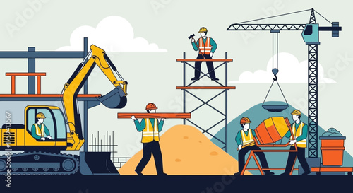 Construction workers using heavy machinery and tools to build on site Industry and teamwork concept