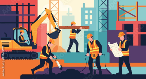 Construction site with workers excavator and blueprints Urban development concept industry