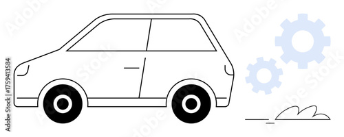 Simplistic compact car design with mechanical gears and abstract motion lines. Ideal for technology, automotive repair, innovation, eco-driving, efficiency, transportation, or automotive