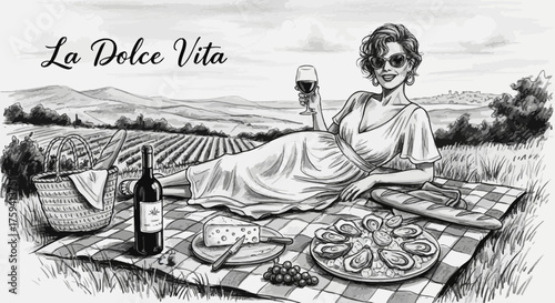 Elegant picnic sketch: La Dolce Vita lifestyle with wine, oysters and vineyard views