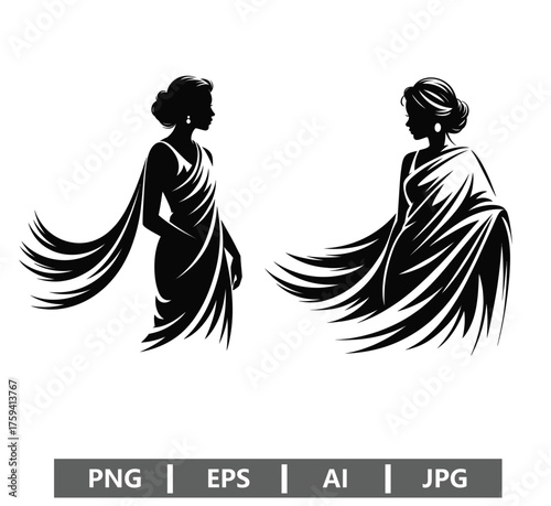 Vector art of silhouette of two elegant women in traditional indian sari