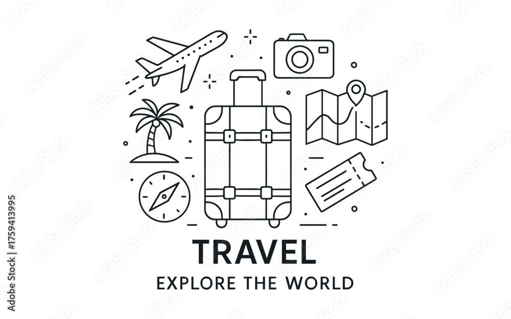 Obraz premium Travel adventures: explore the world with iconic travel symbols in linear design