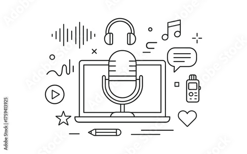 Podcast equipment line art: microphone, laptop, and audio tools