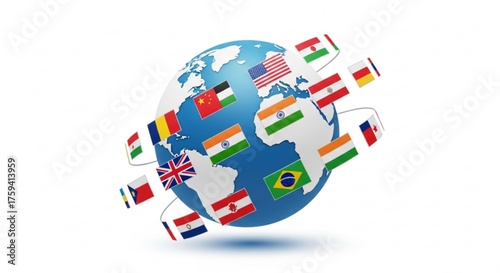 Globe with international flags representing world countries and global communication and travel concept