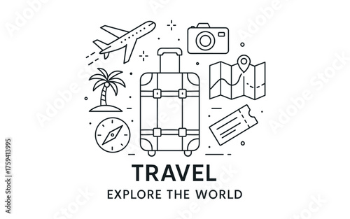 Travel adventures: explore the world with iconic travel symbols in linear design
