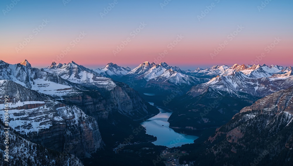 Obraz premium Majestic Peaks and Azure Waters at Sunrise, a Panorama of Natures Grandeur.