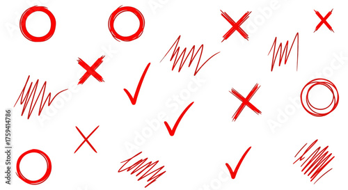 Hand-Drawn Red Checkmarks, Crosses, Circles and Scribbles on a White Background